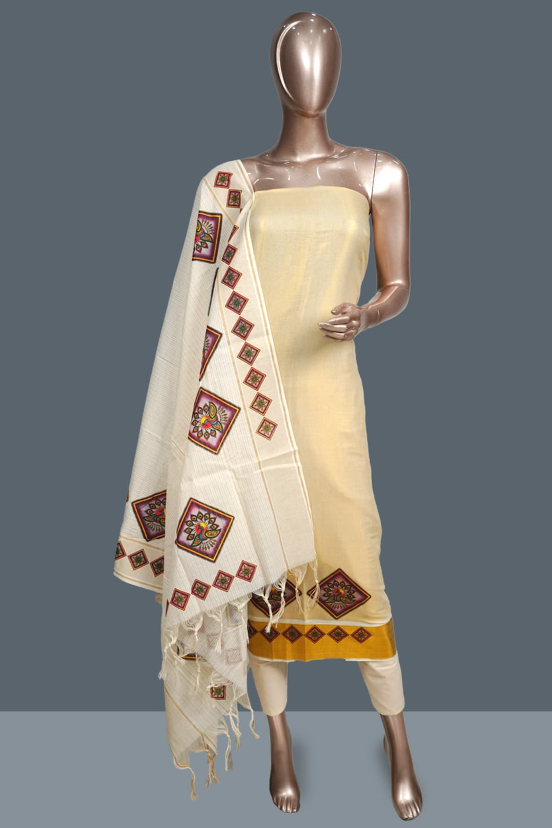 Cream Designer Print Unstitched Salwar Set