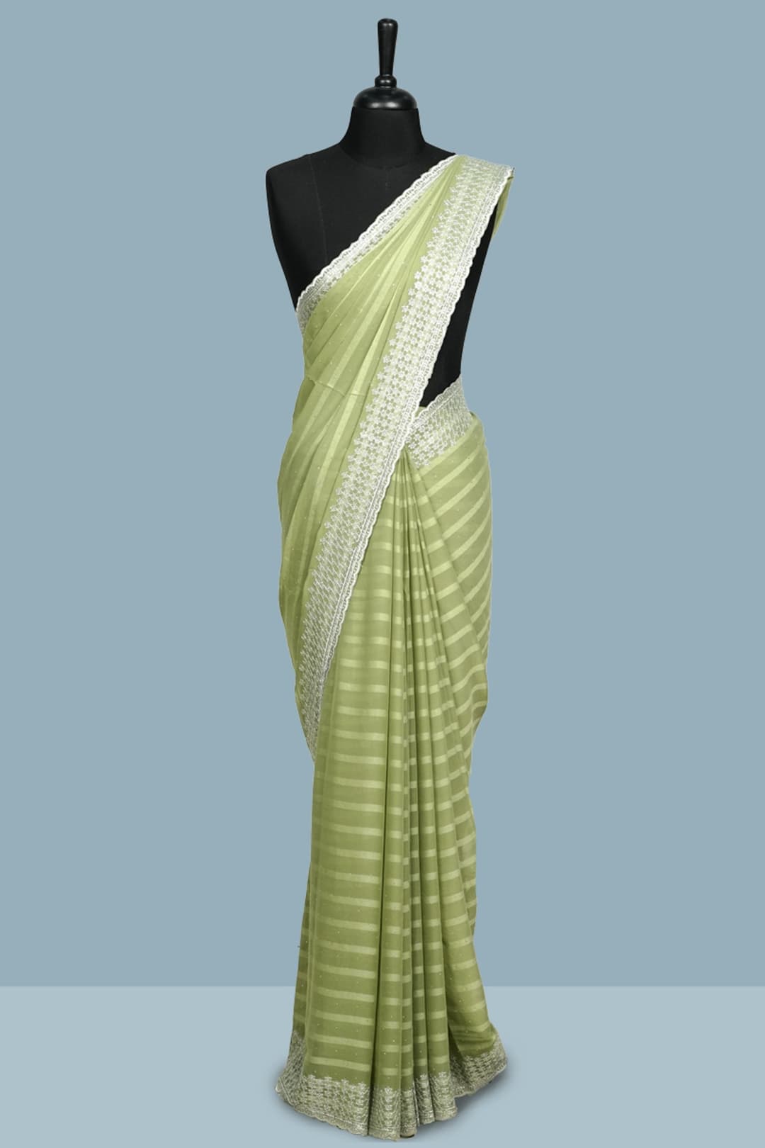 Pastel Green Shimmer Chiffon Saree with Designer Blouse