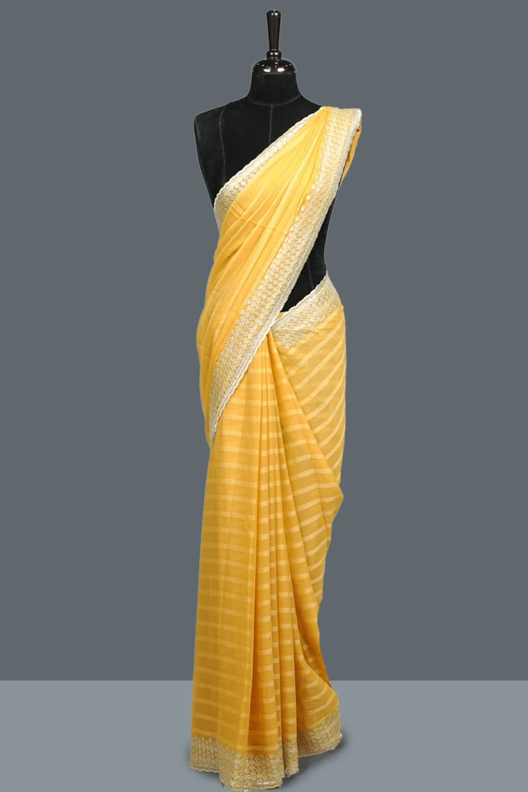 Mimosa Yellow Shimmer Chiffon Designer Saree with Matching Blouse