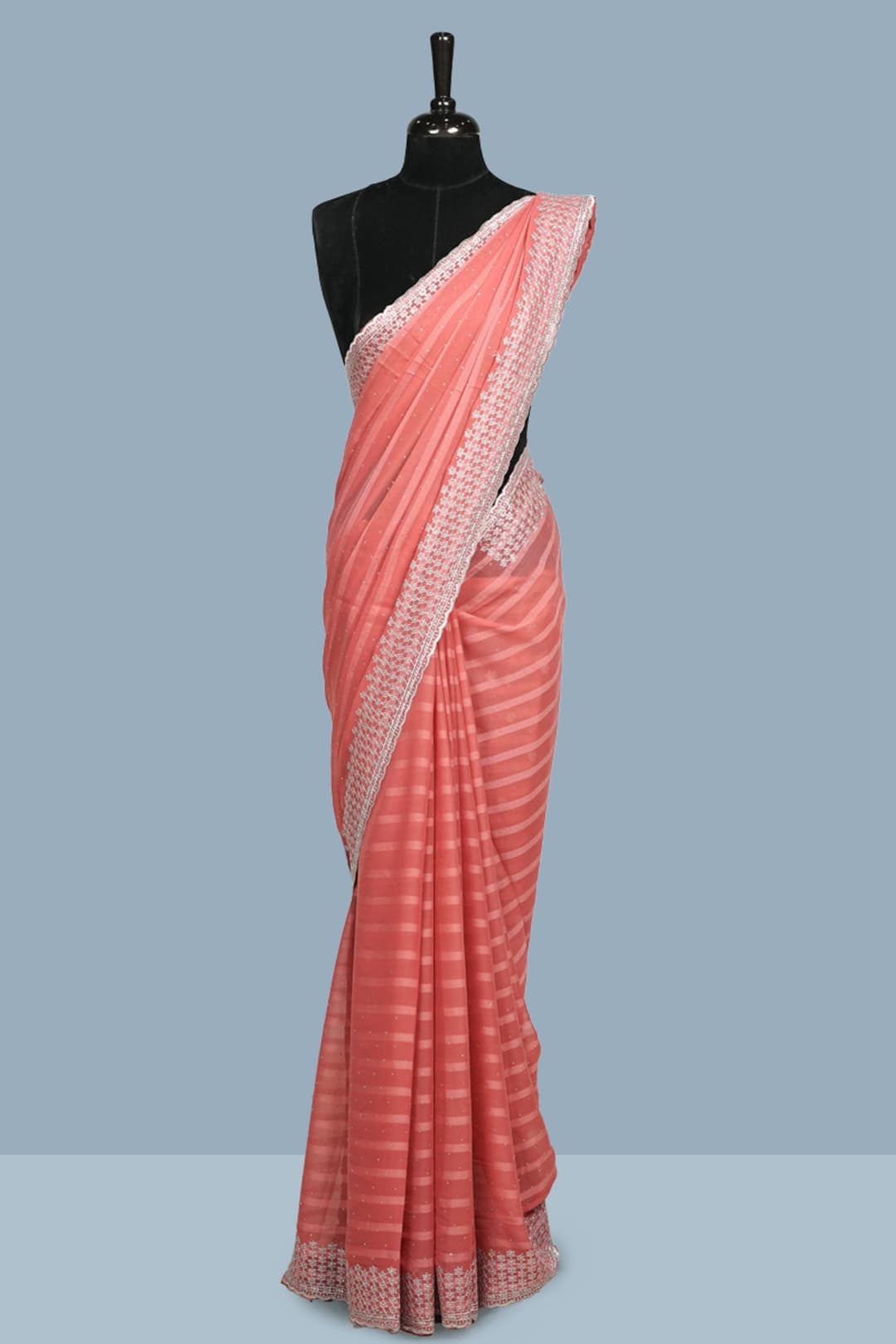 Peach Pink Shimmer Chiffon Designer Saree with Matching Blouse