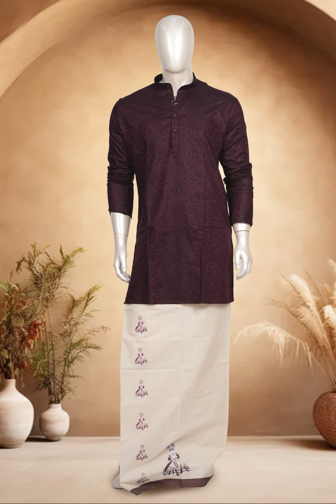 Burgundy Kurtha and Cream Printed Dhothi Combo