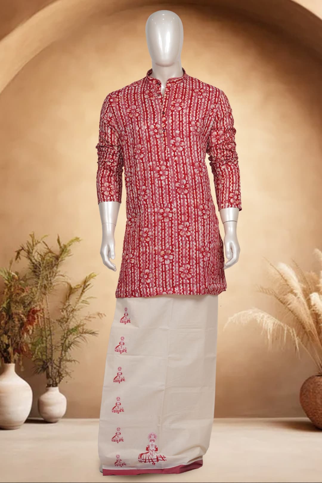 Red Batik Printed Kurtha and Cream Printed Dhothi Combo