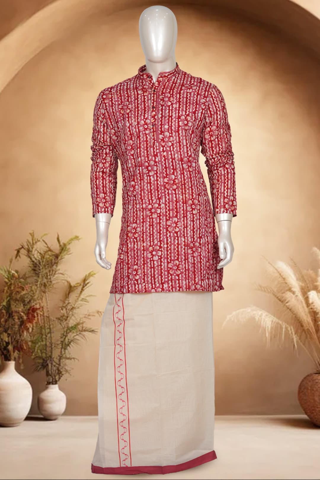Red Batik Print Kurtha with Cream Printed Dhothi Combo