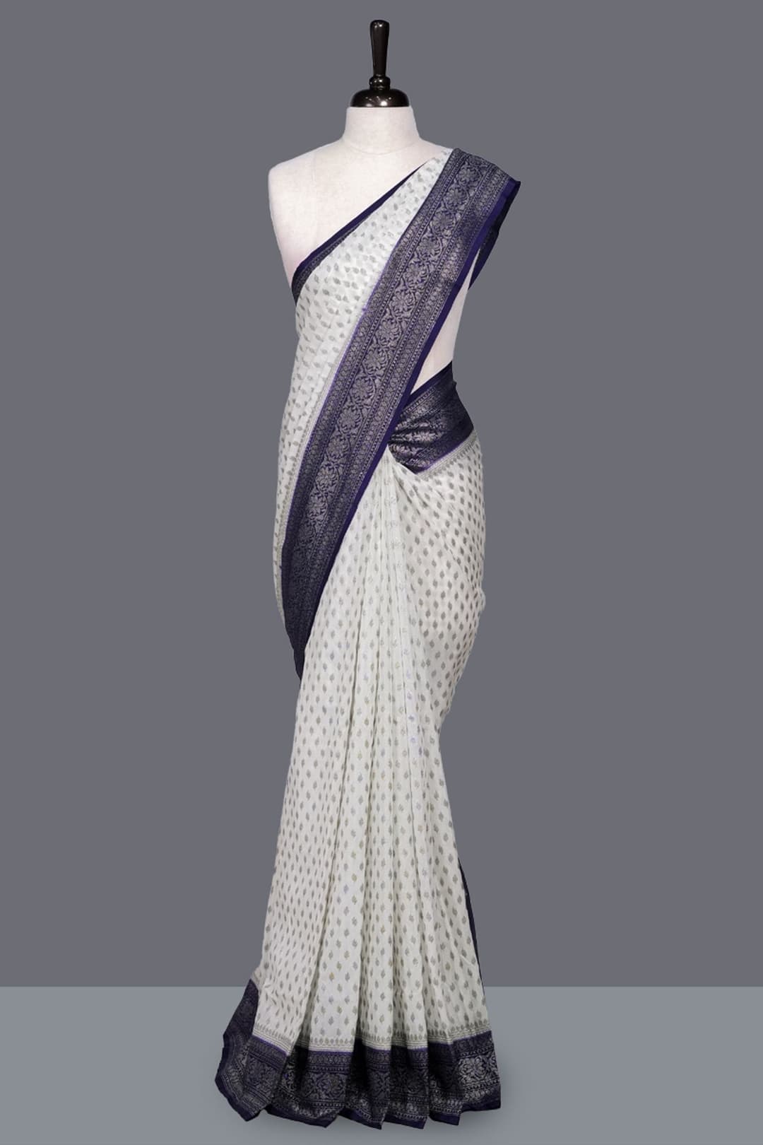 Off White and Indigo Blue Contrast Georgette Banarasi Saree