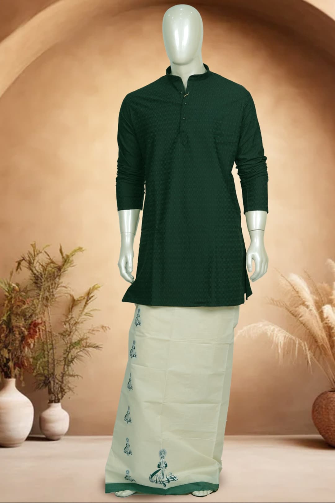 Dark Green Self-Design Kurtha and Cream Printed Dhothi Combo