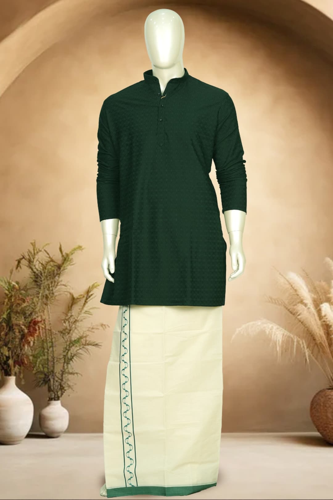 Dark Green Kurtha and Cream Printed Dhothi Combo