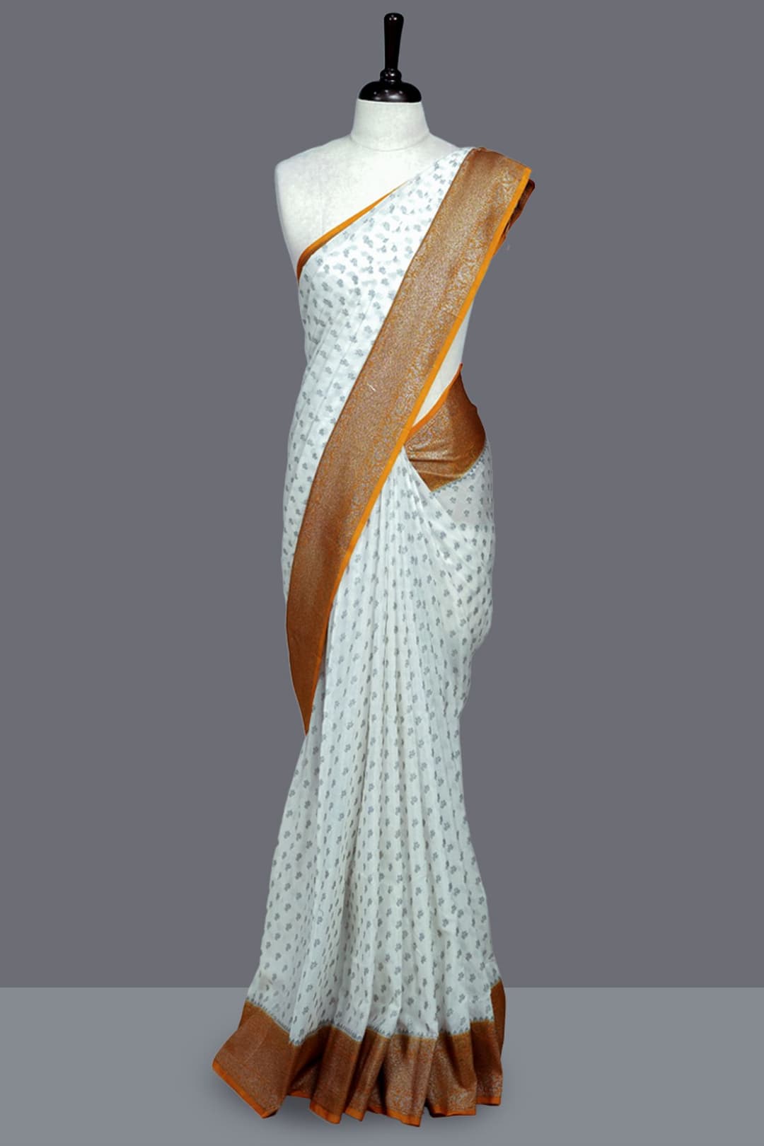 Off White and Mustard Yellow Contrast Georgette Banarasi Saree