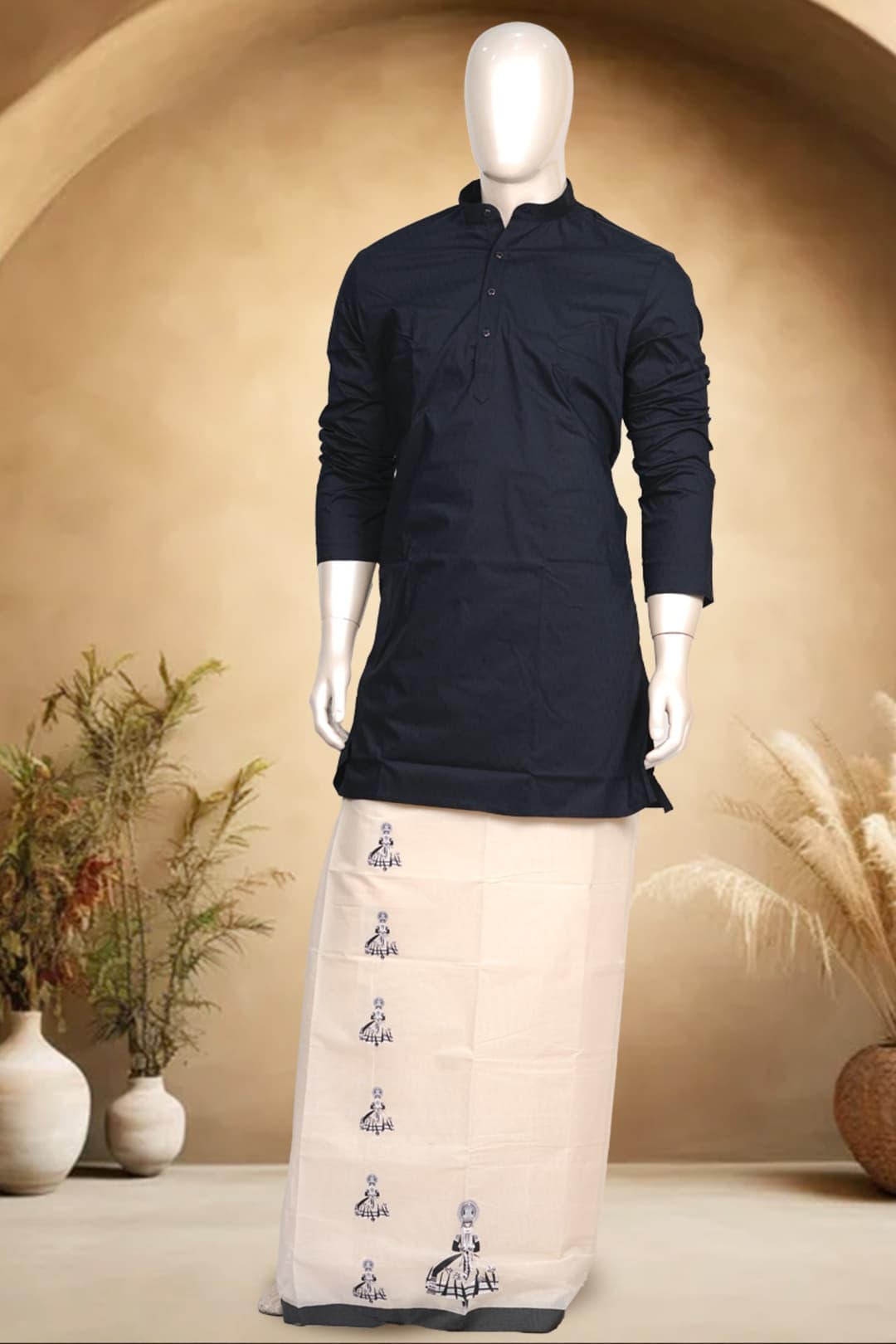 Midnight Blue Self Design Kurtha and Cream Printed Dhothi Combo