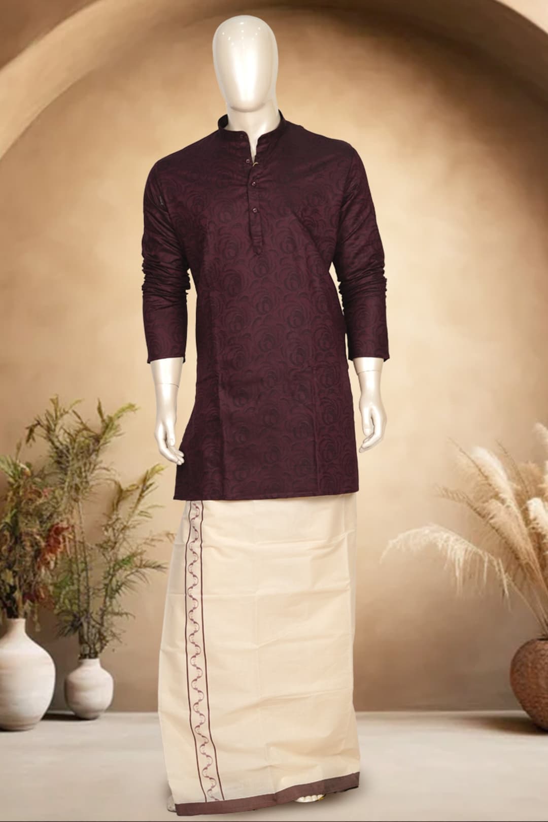 Burgundy Kurtha and Printed Cream Dhothi Combo