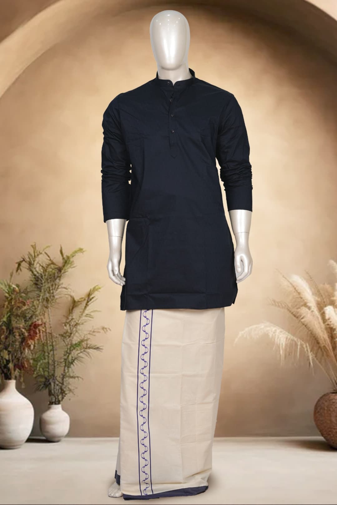Midnight Blue Kurtha and Printed Cream Dhothi Combo