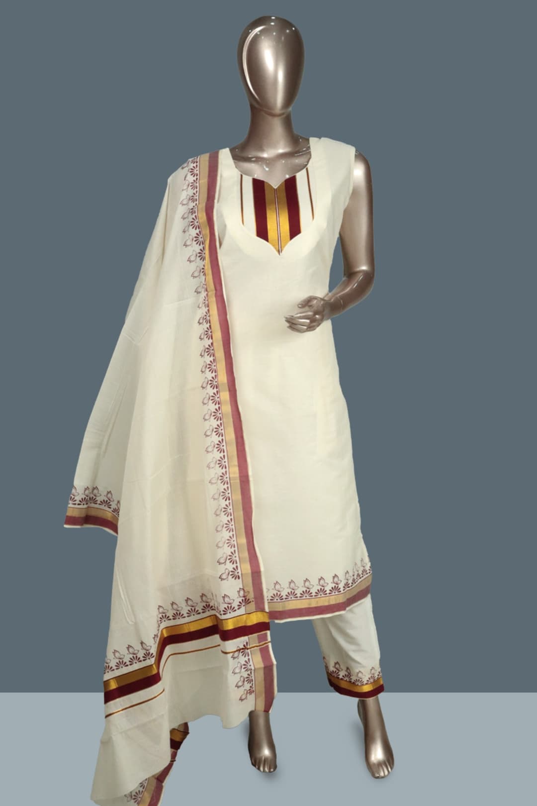 Cream Traditional Kerala Set Readymade Salwar Suit 