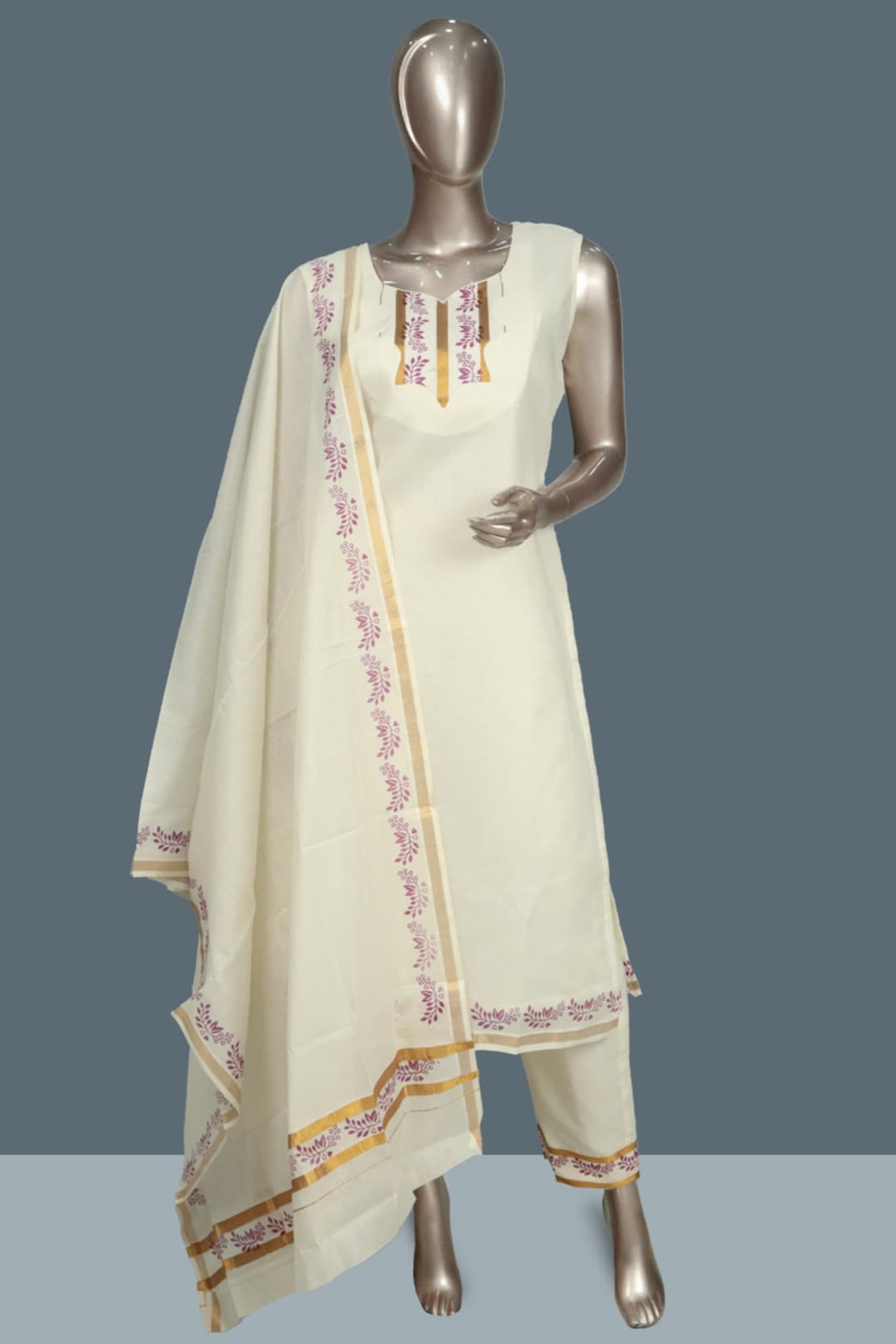 Cream Plain with Borders Kerala Set Readymade Salwar Suit