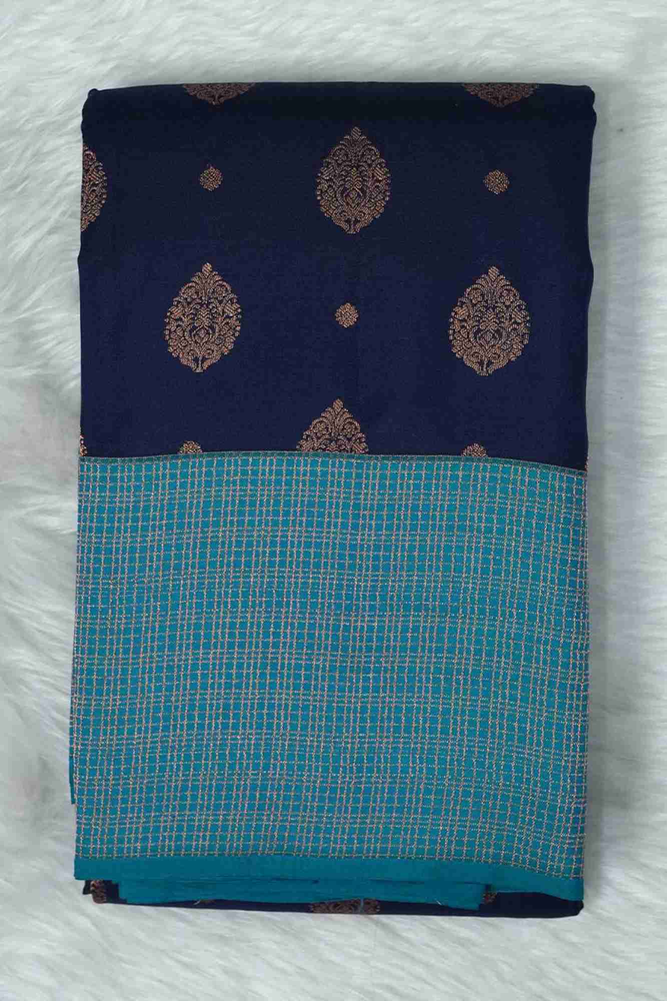 Navy Blue and Turquoise Blue Kanchipuram Soft Silk Saree