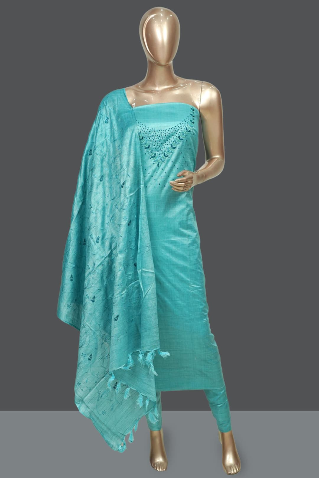 Aqua Blue Semi Tussar Embroidery Unstitched Salwar Suit