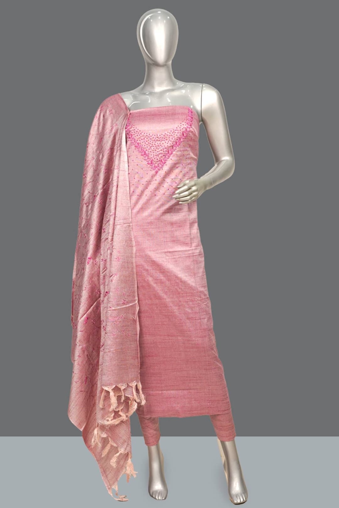 Queen Pink Semi Tussar Unstitched Salwar Suit