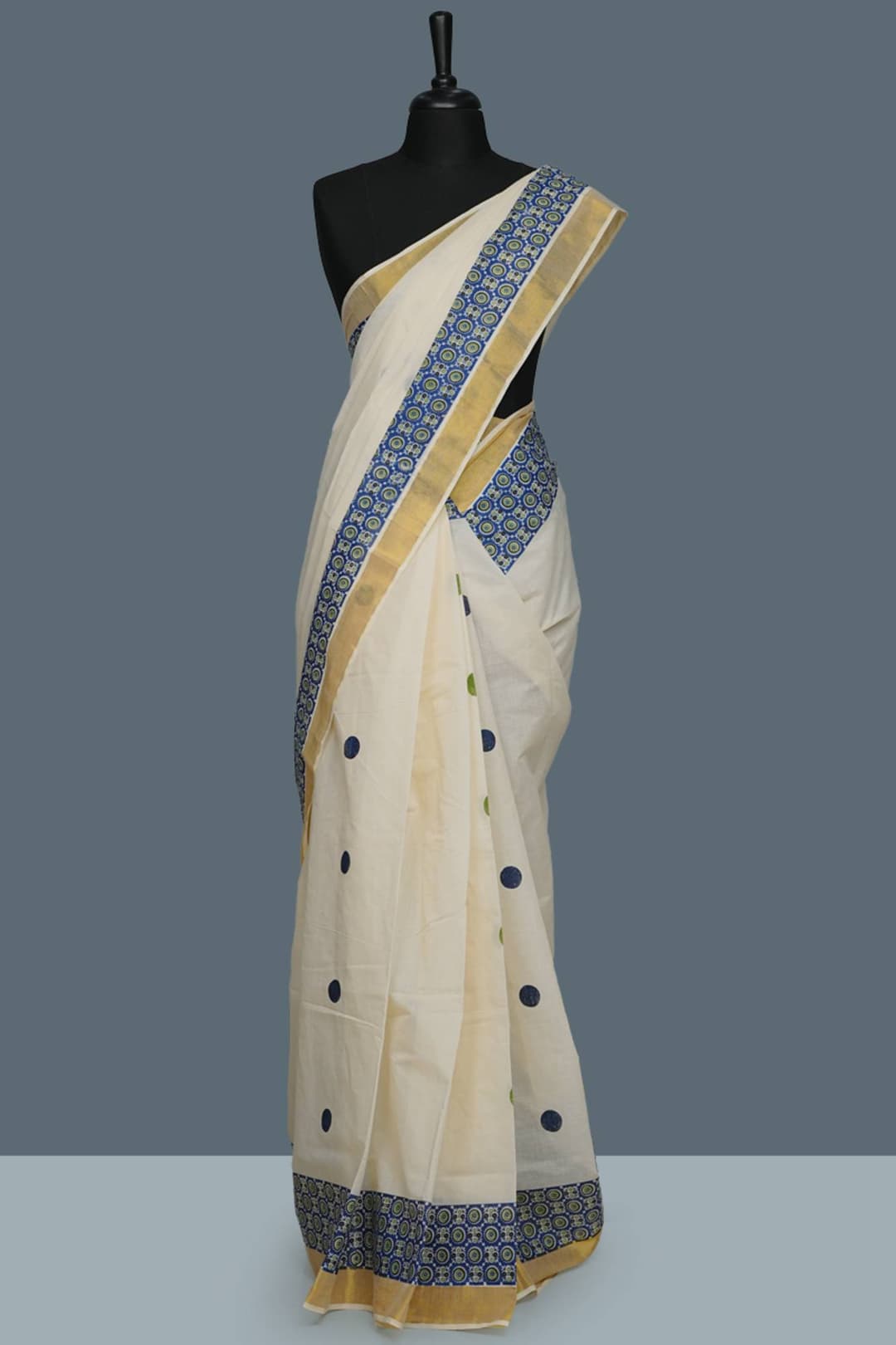 Cream Printed Kerala Set Saree