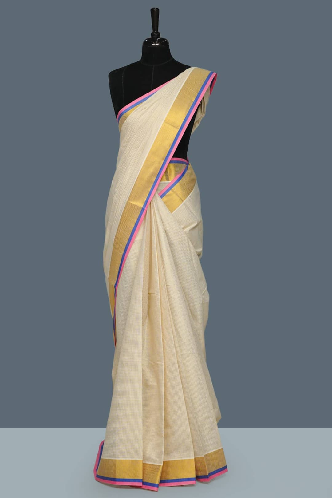 Cream Kerala Checked Set Saree