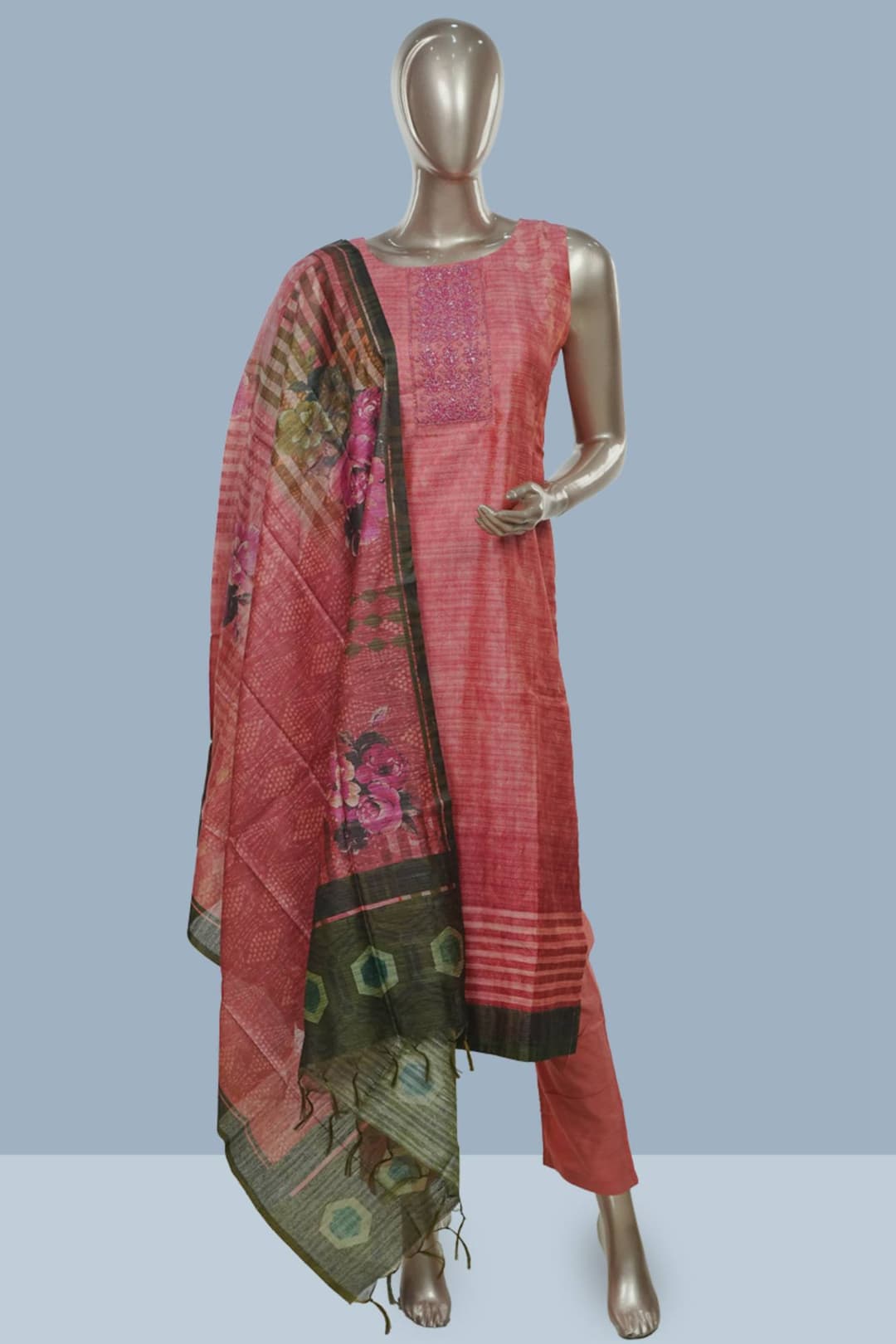Punch Pink Semi Tussar Readymade Salwar Suit