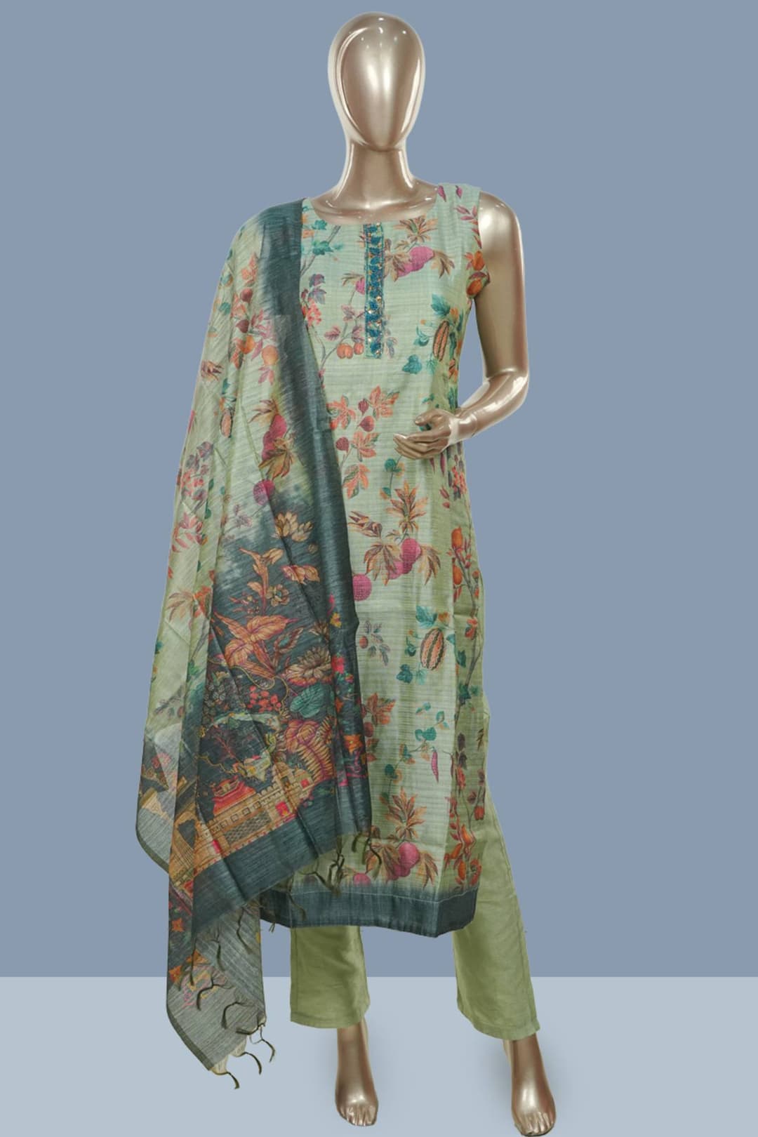 Pistachio Green Semi Tussar Readymade Salwar Set