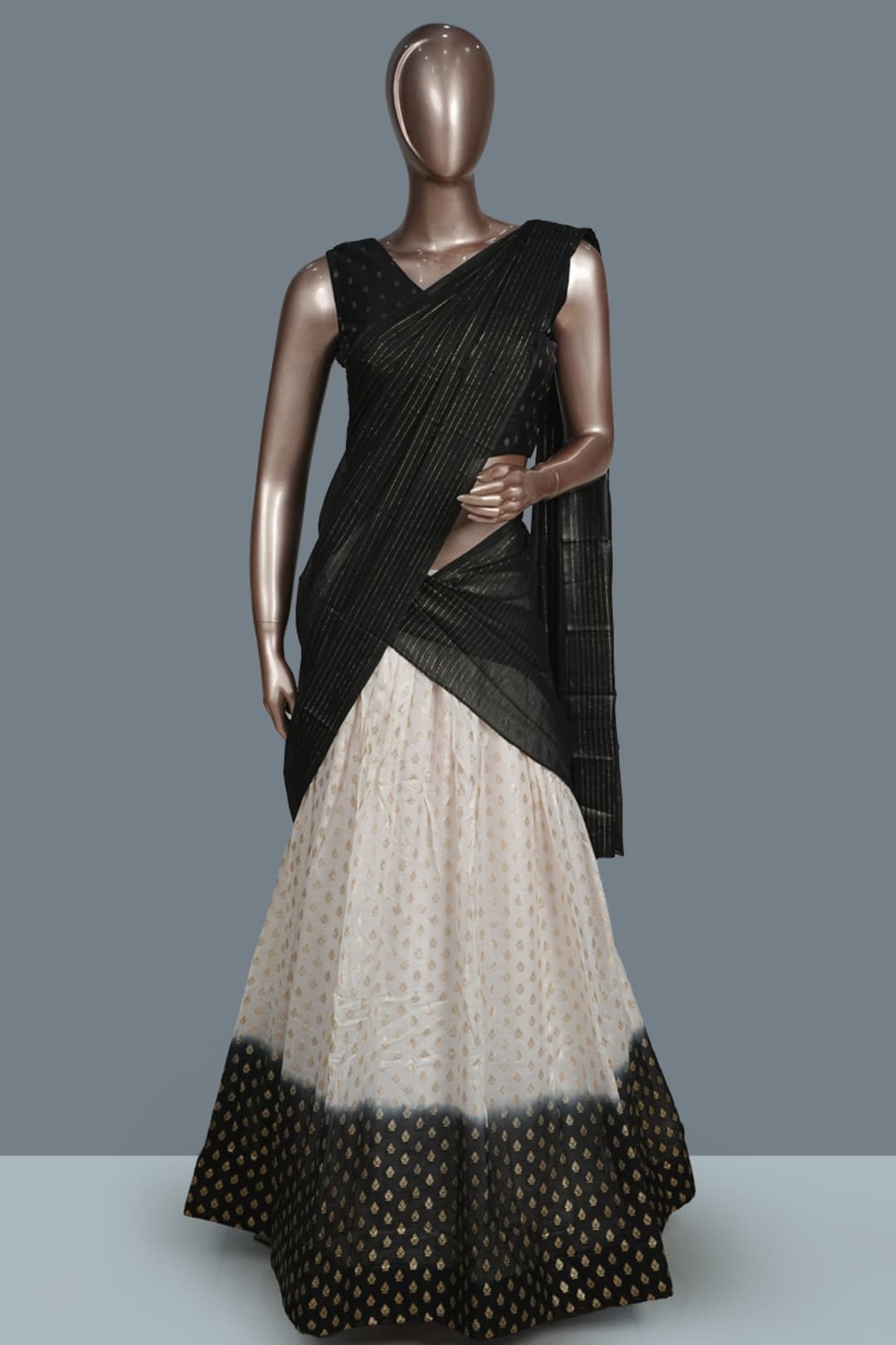 Black and Off-White Banarasi Semi Silk Set