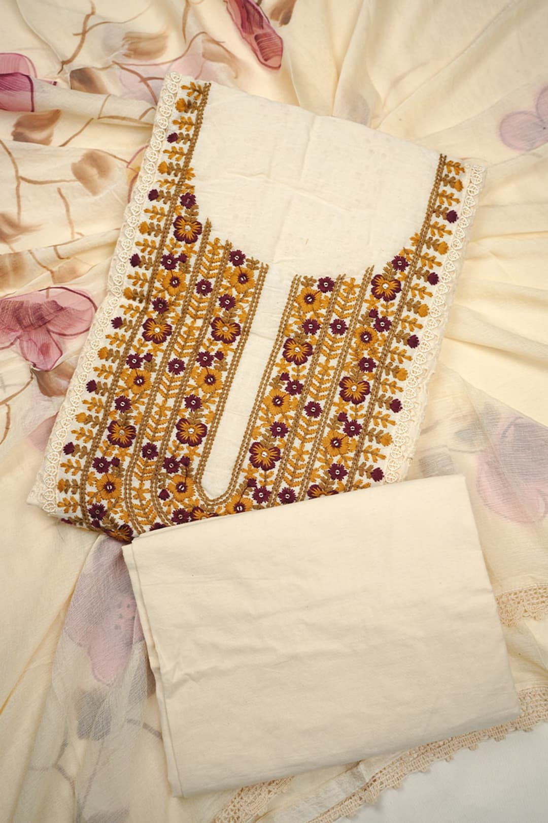 Cream Cotton Unstitched Salwar Suit with Hacoba and Embroidery Work