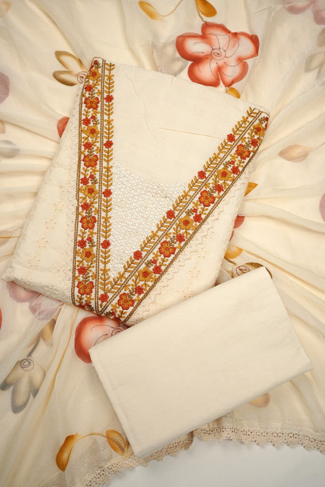 Cream Unstitched Cotton Salwar Suit with Artistic Touch