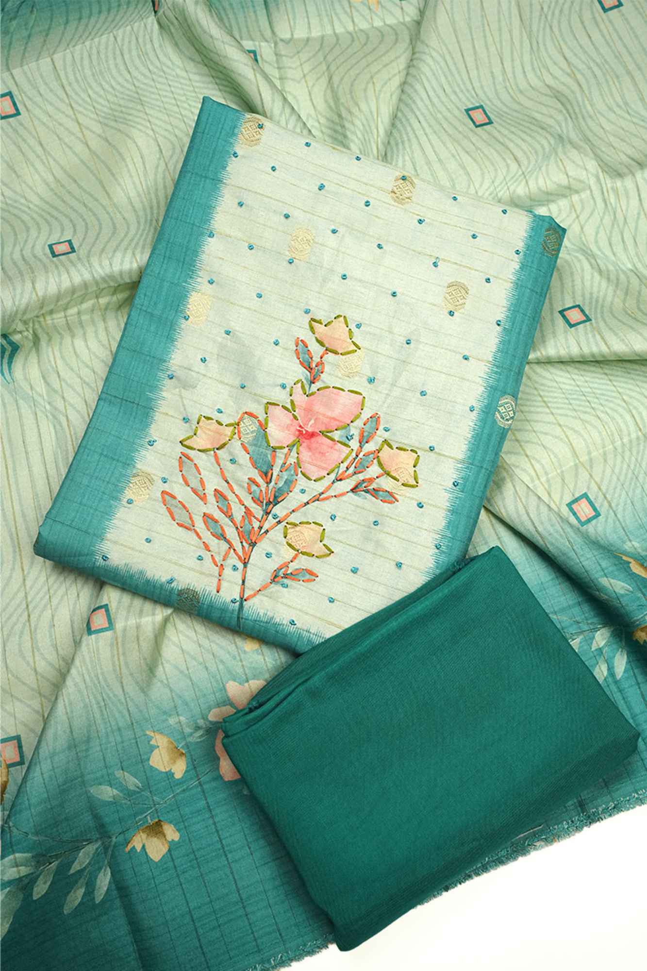 Tiffany Blue Semi Tussar Unstitched Salwar Suit 