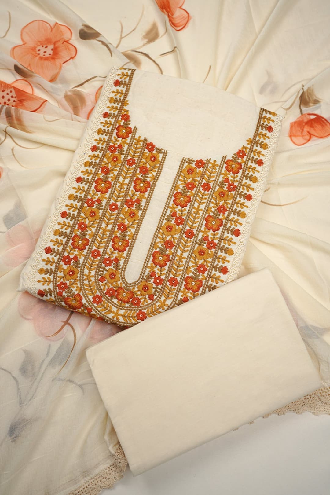 Unstitched Cotton Salwar Suit in Cream with Artistic Detailing