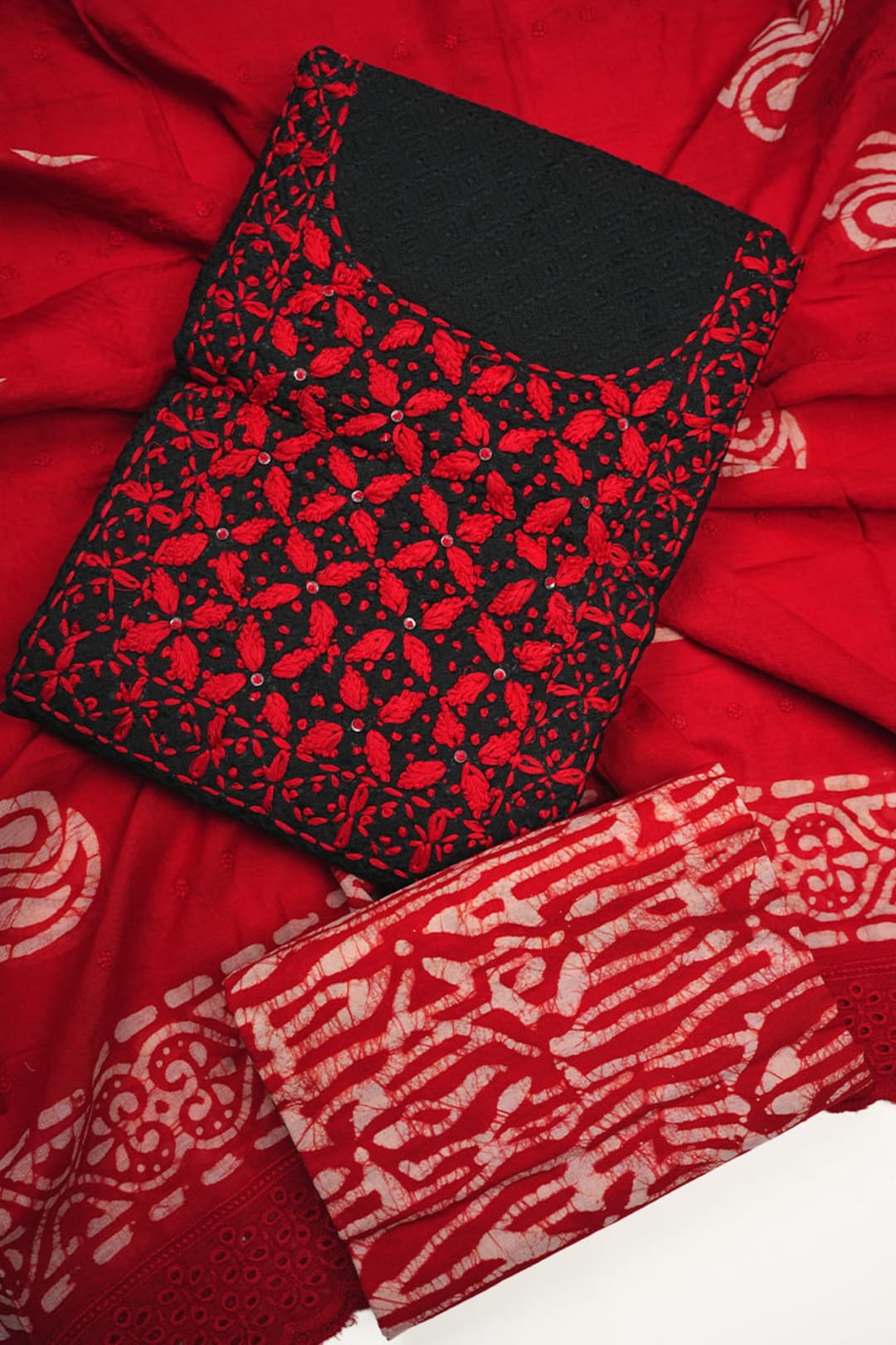 Unstitched Cotton Salwar Suit in Black and Red with Chikankari and Batik Detailing