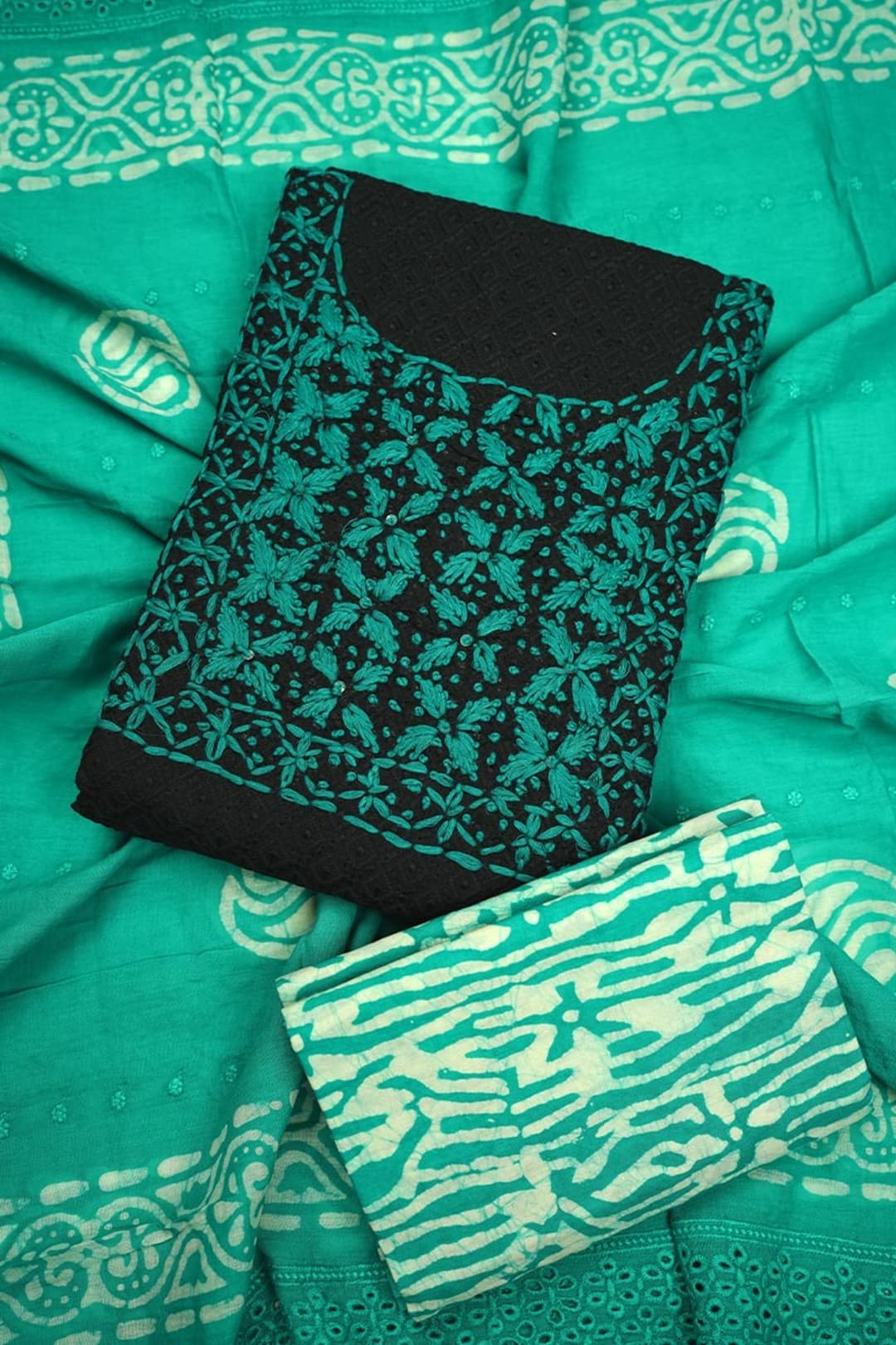 Unstitched Cotton Salwar Suit in Black and Persian Green with Chikankari and Batik Work