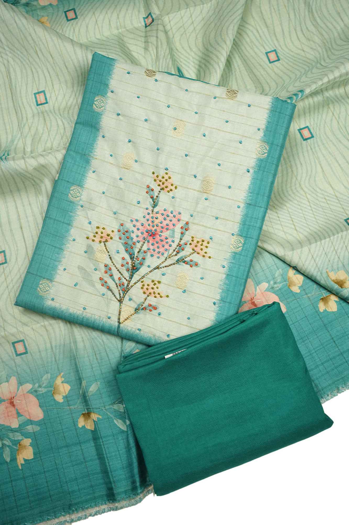Light Pacific Blue Semi Tussar Unstitched Salwar Suit
