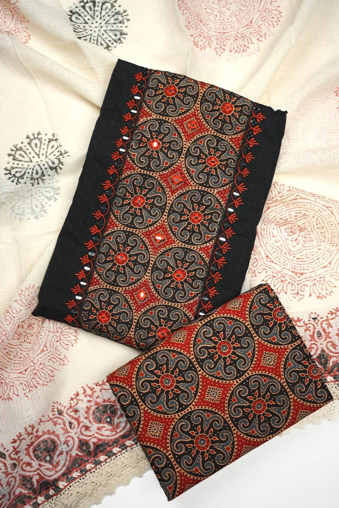 Unstitched Cotton Salwar Suit with Ajrakh Print and Mirror Work