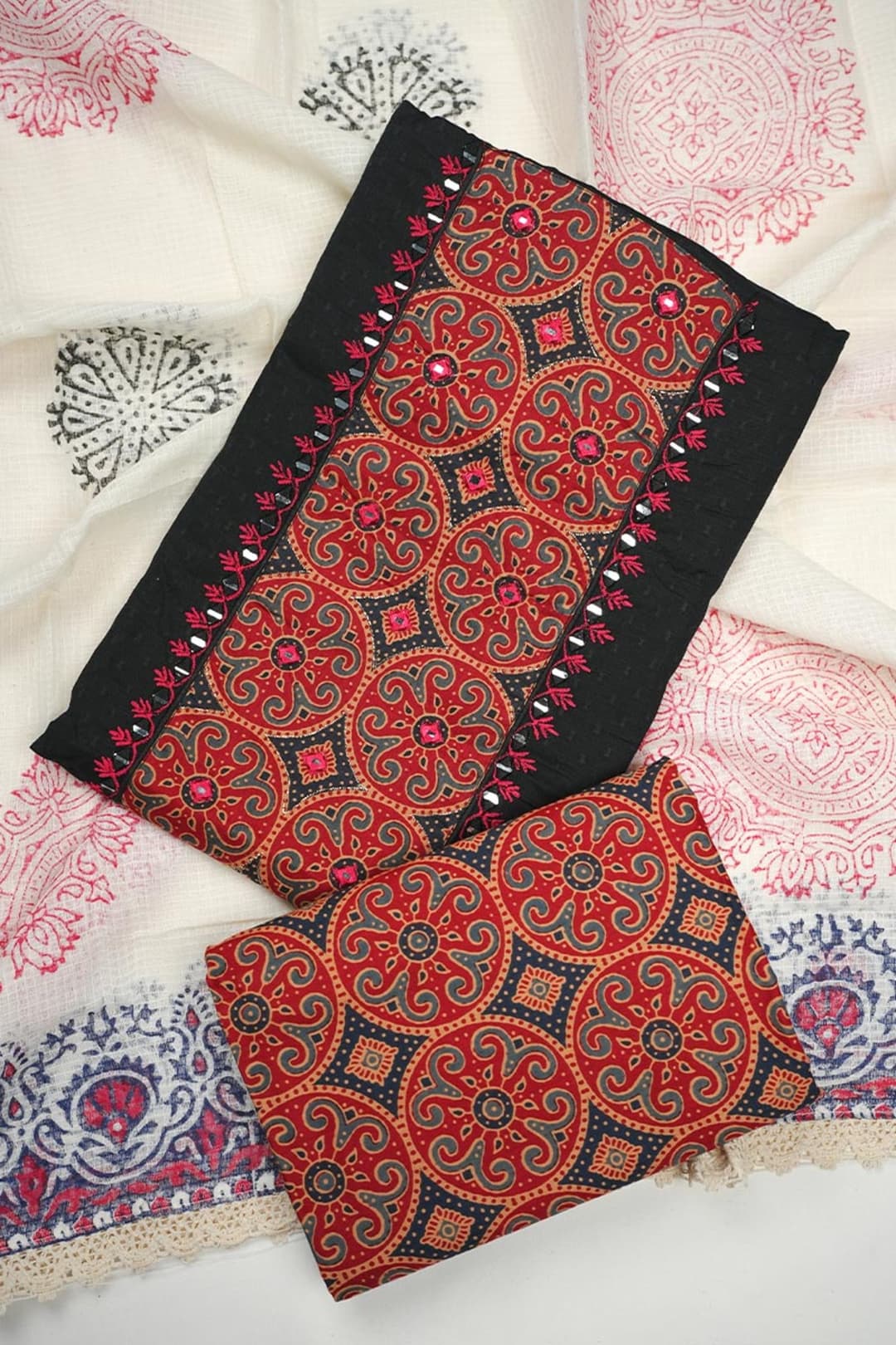 Black Unstitched Cotton Salwar Suit with Ajrakh Print and Mirror Work