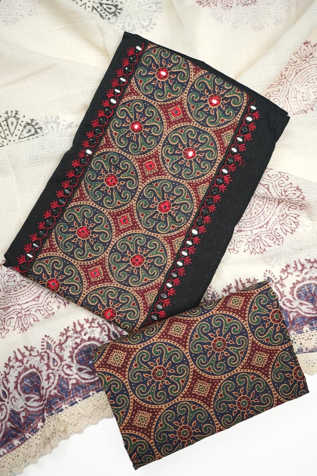 Black Cotton Unstitched Salwar Suit with Ajrakh Print and Mirror Work