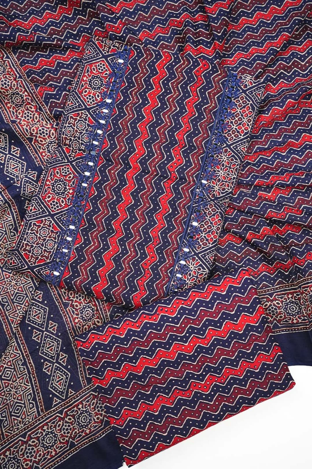Multicolor Printed Cotton Unstitched Salwar Suit with Mirror Work
