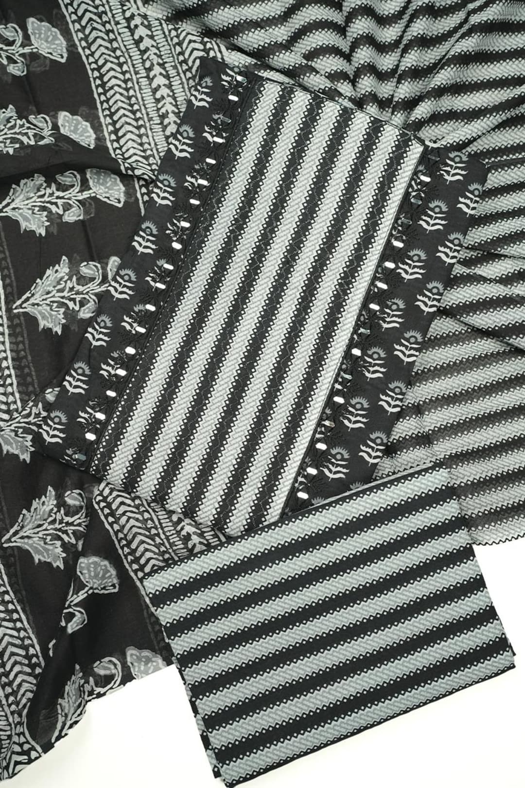 Black and White Printed Cotton Salwar Set with Mirror Work