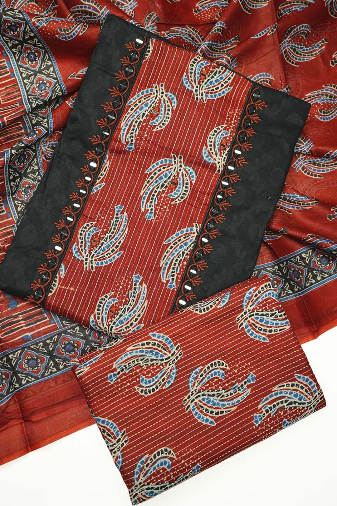 Black and Cherry Red Printed Cotton Salwar Set with Mirror Work
