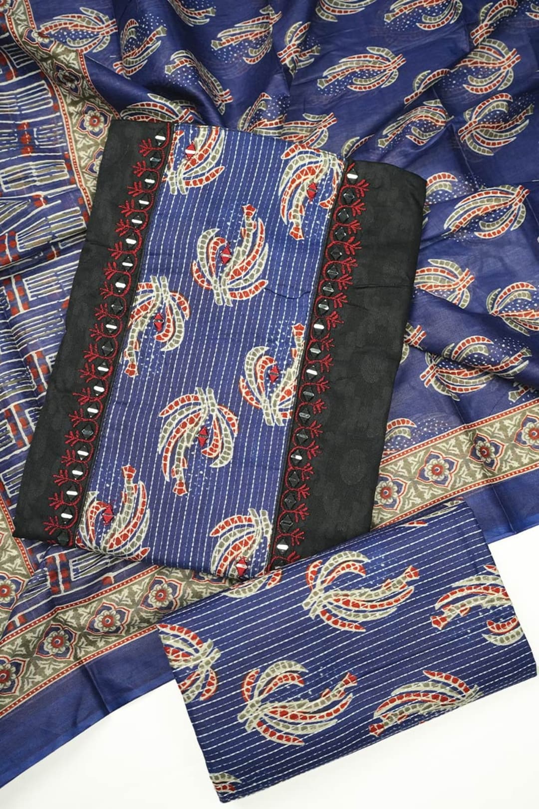 Black and Blue Printed Cotton Salwar Set with Mirror Work