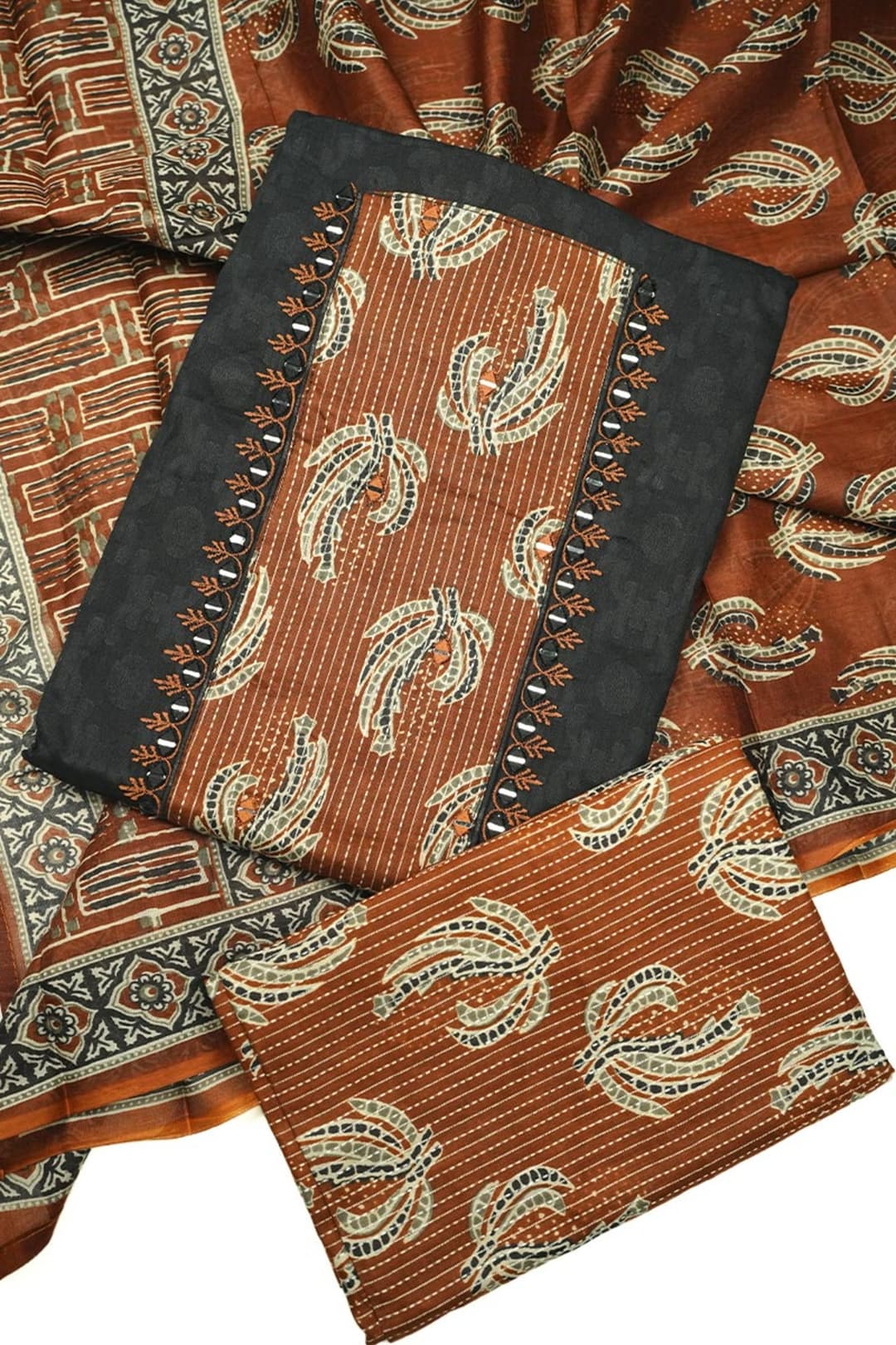 Black and Brown Printed Cotton Salwar Set with Mirror Work