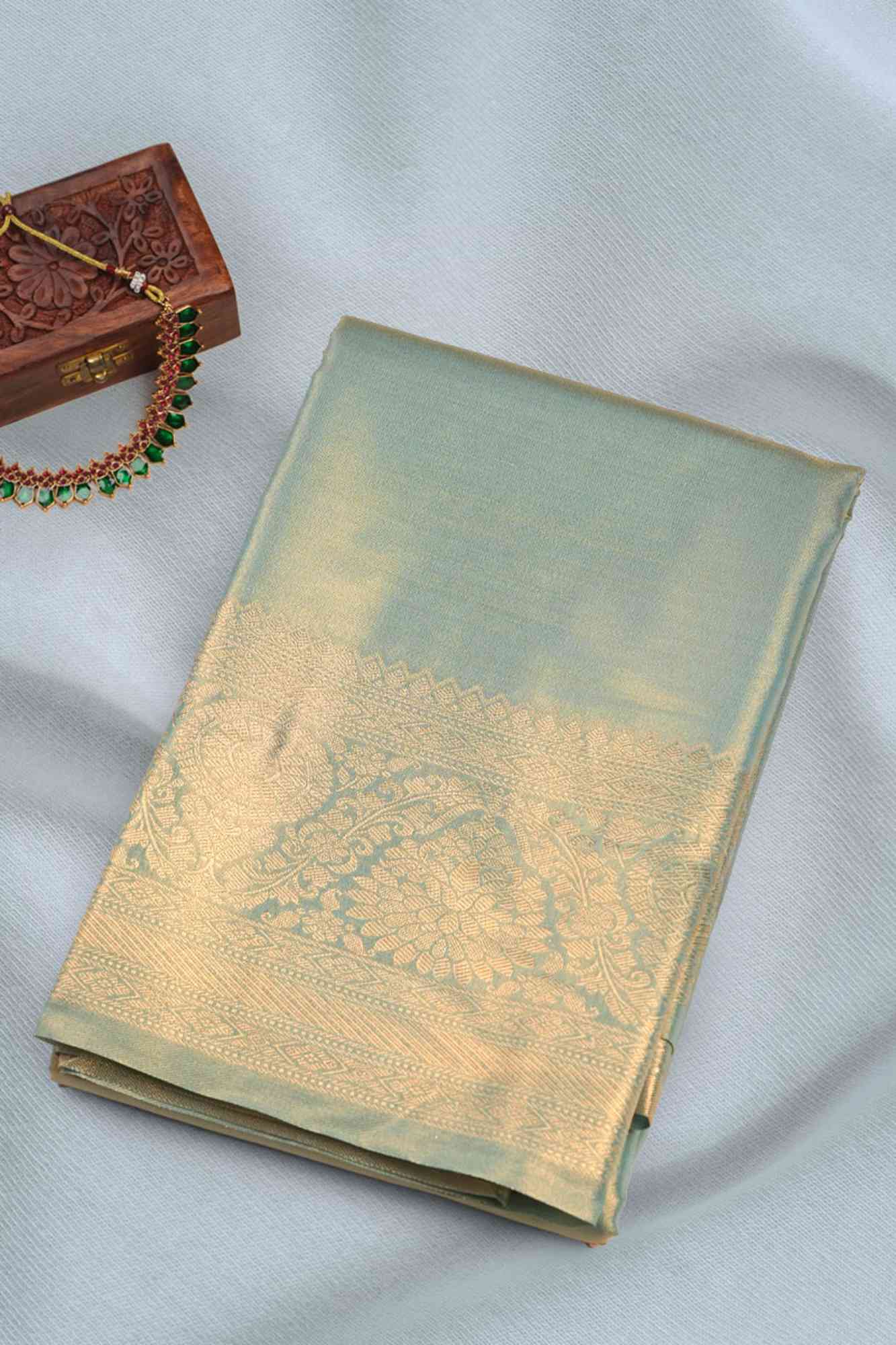Light Sage Green Tissue Kanchipuram Saree with Designer Border