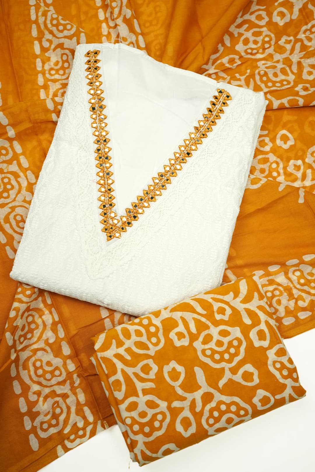 White Cotton Salwar Set with Chikankari and Batik Print