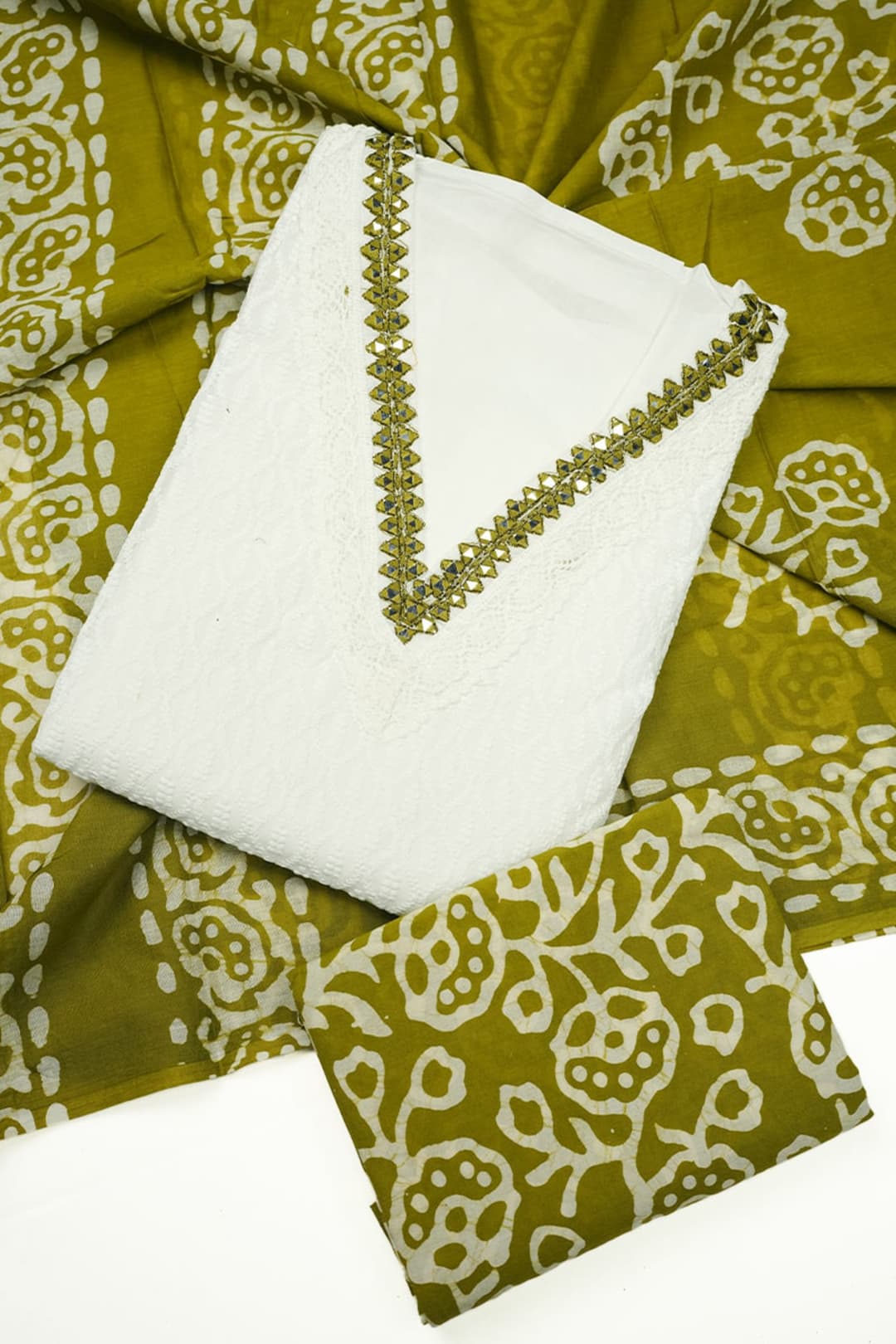 White Cotton Salwar Set with Chikankari and Olive Green Batik Print