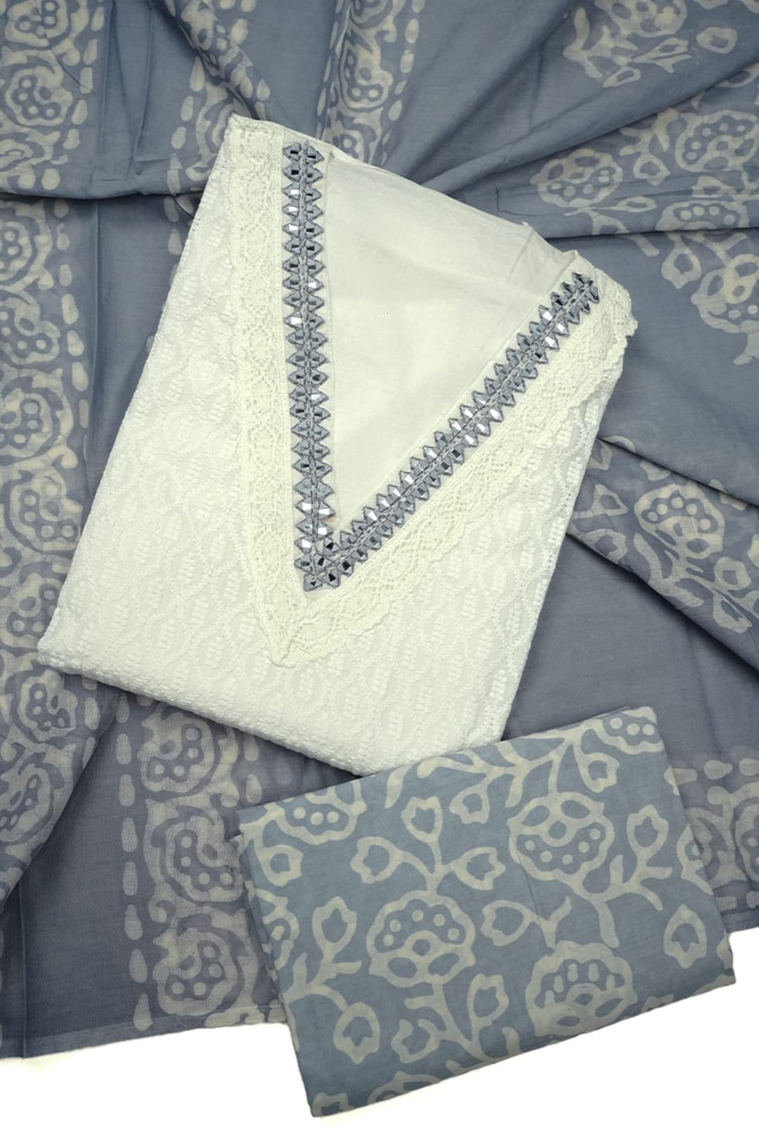 White Cotton Salwar Set with Chikankari and Light Dove Gray Batik Print