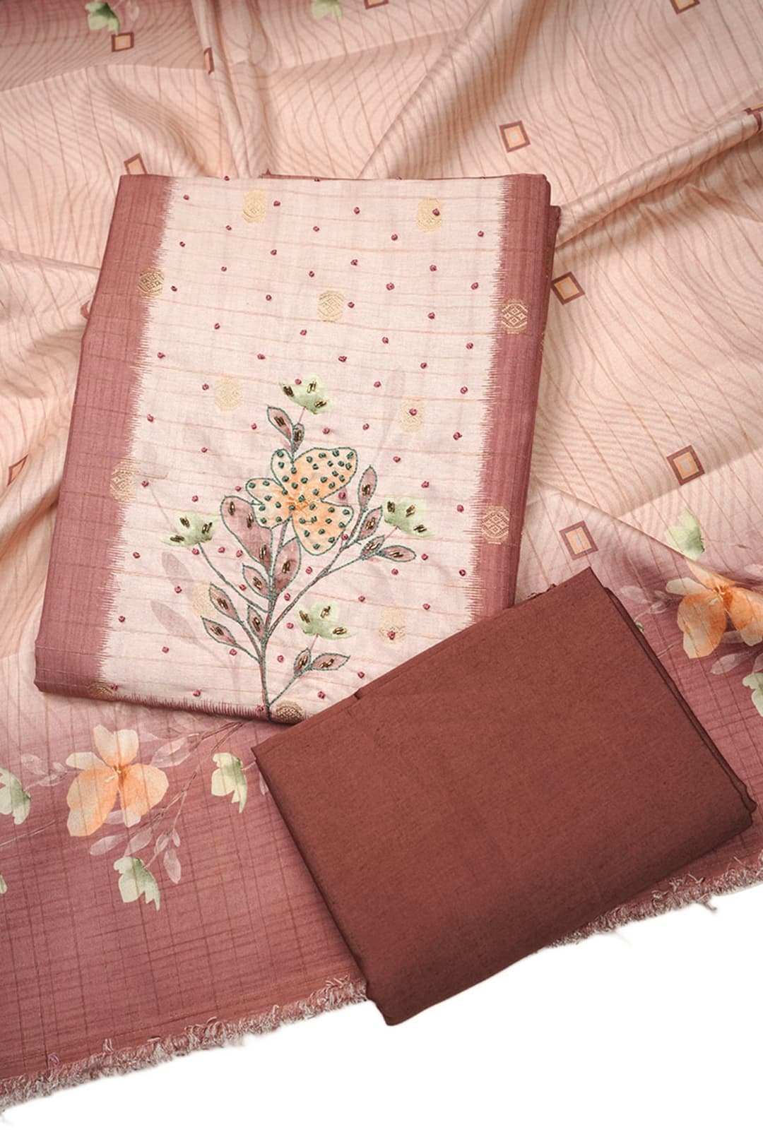 American Brown Unstitched Semi Tussar Salwar Suit