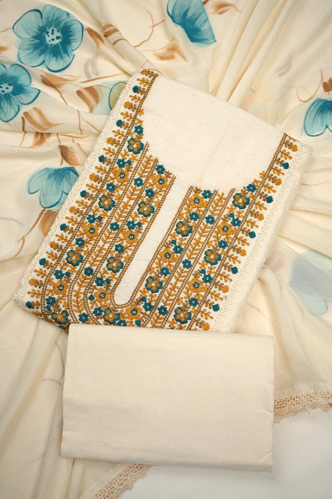 Cream Cotton Unstitched Salwar Suit with Embroidery and Artistic Dupatta