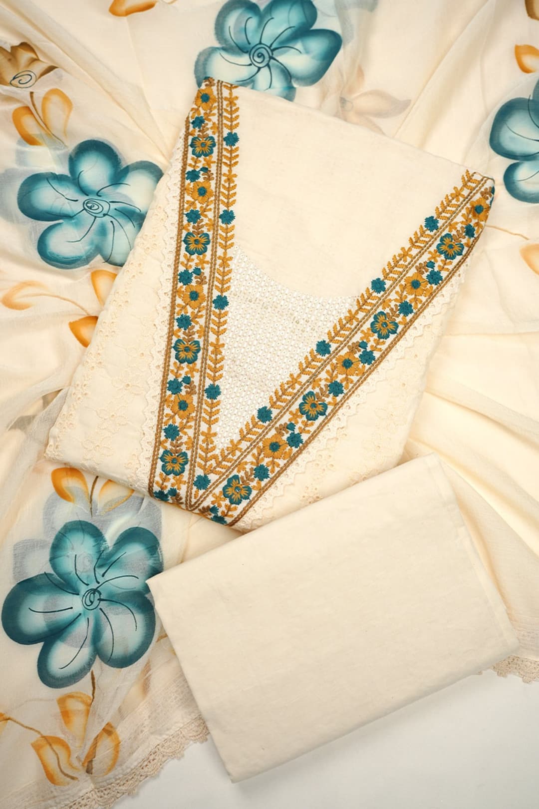 Cream Unstitched Cotton Salwar Suit with Embroidered Top and Printed Dupatta