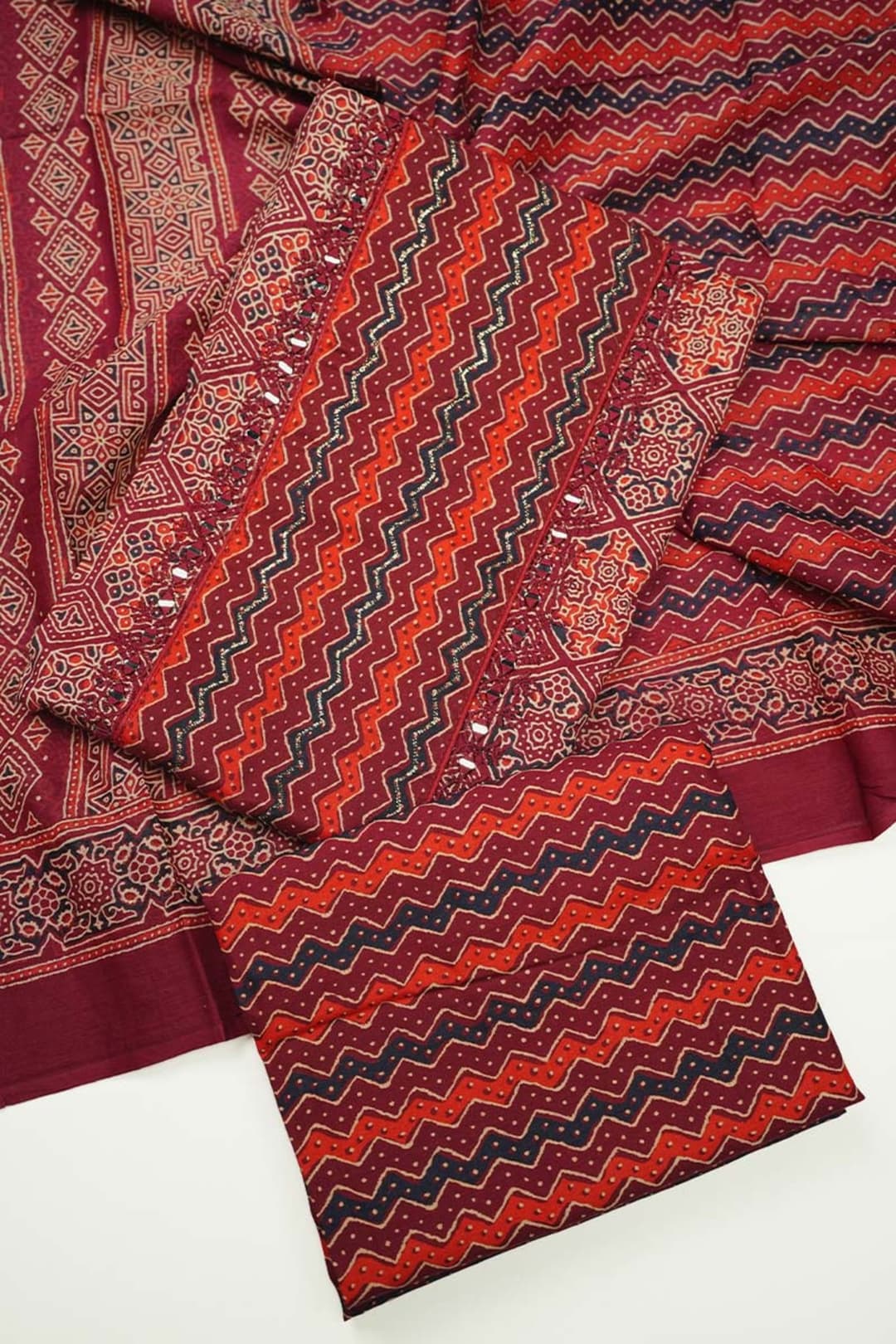Reddish Maroon Printed Cotton Salwar Set with Mirror Work