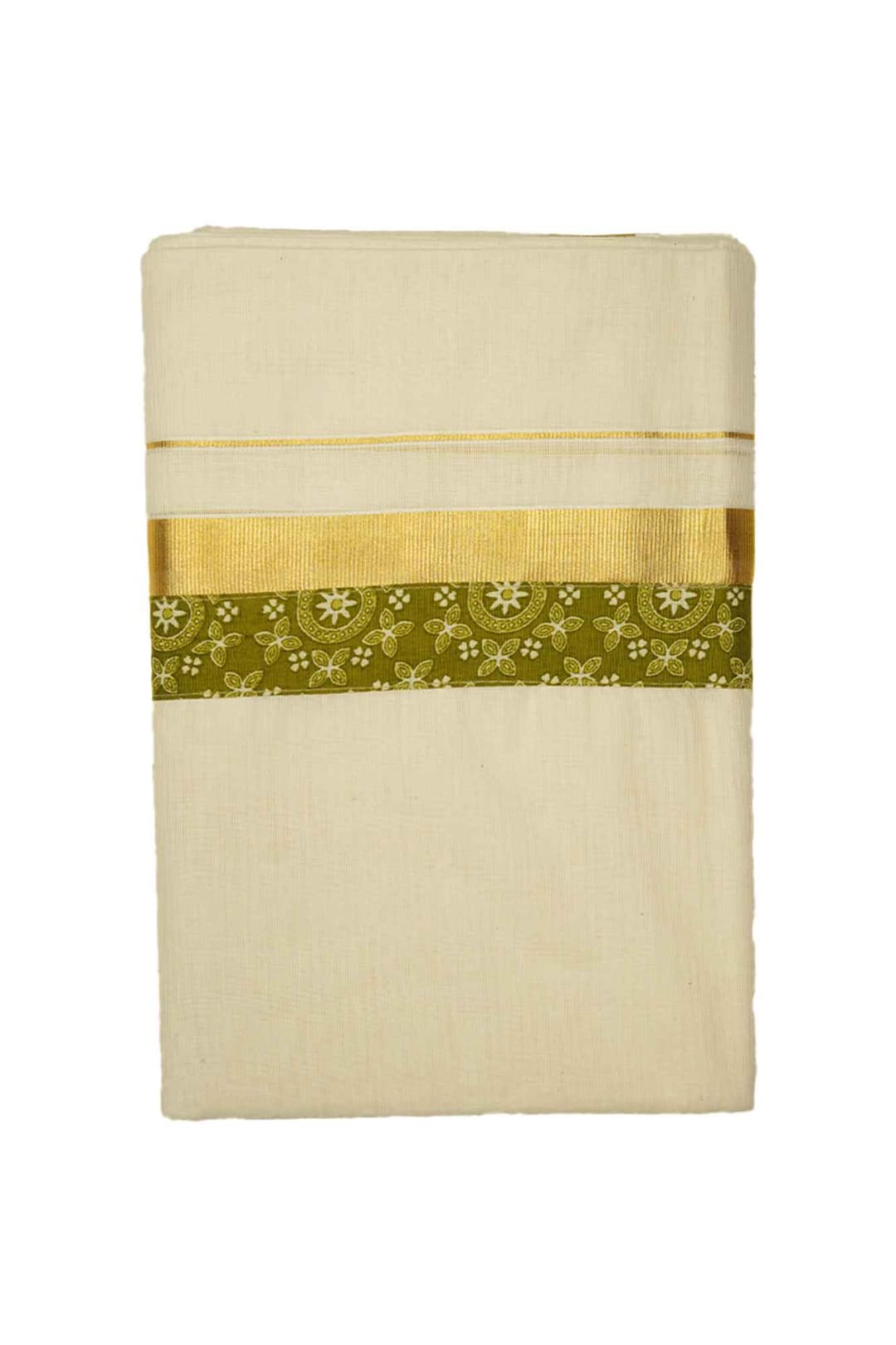 Off White Dhoti Golden Kasavu with Printed Kara