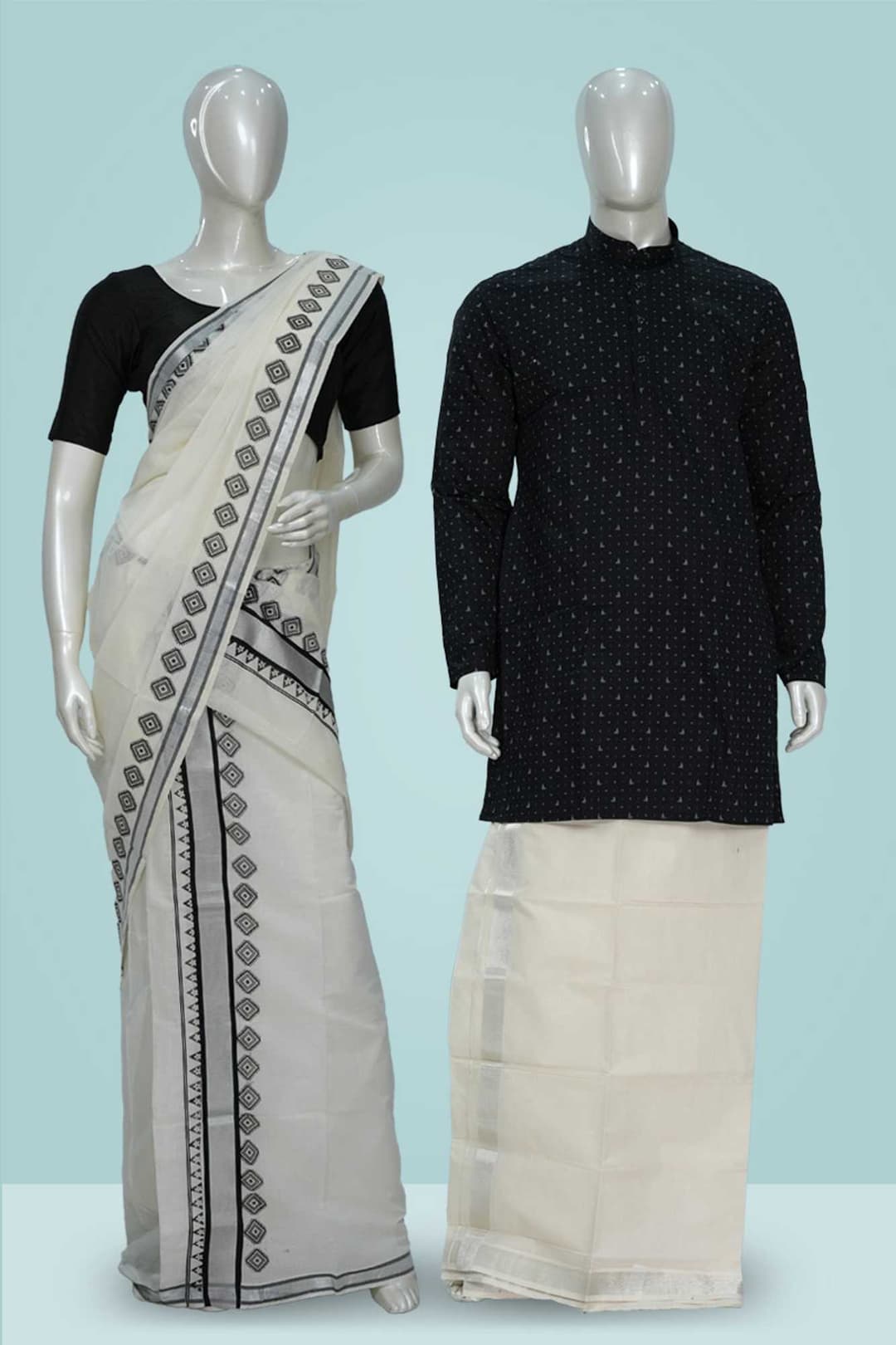 Off White and Black Cotton Set Mundu with Kurta Set Onam Combo Deal