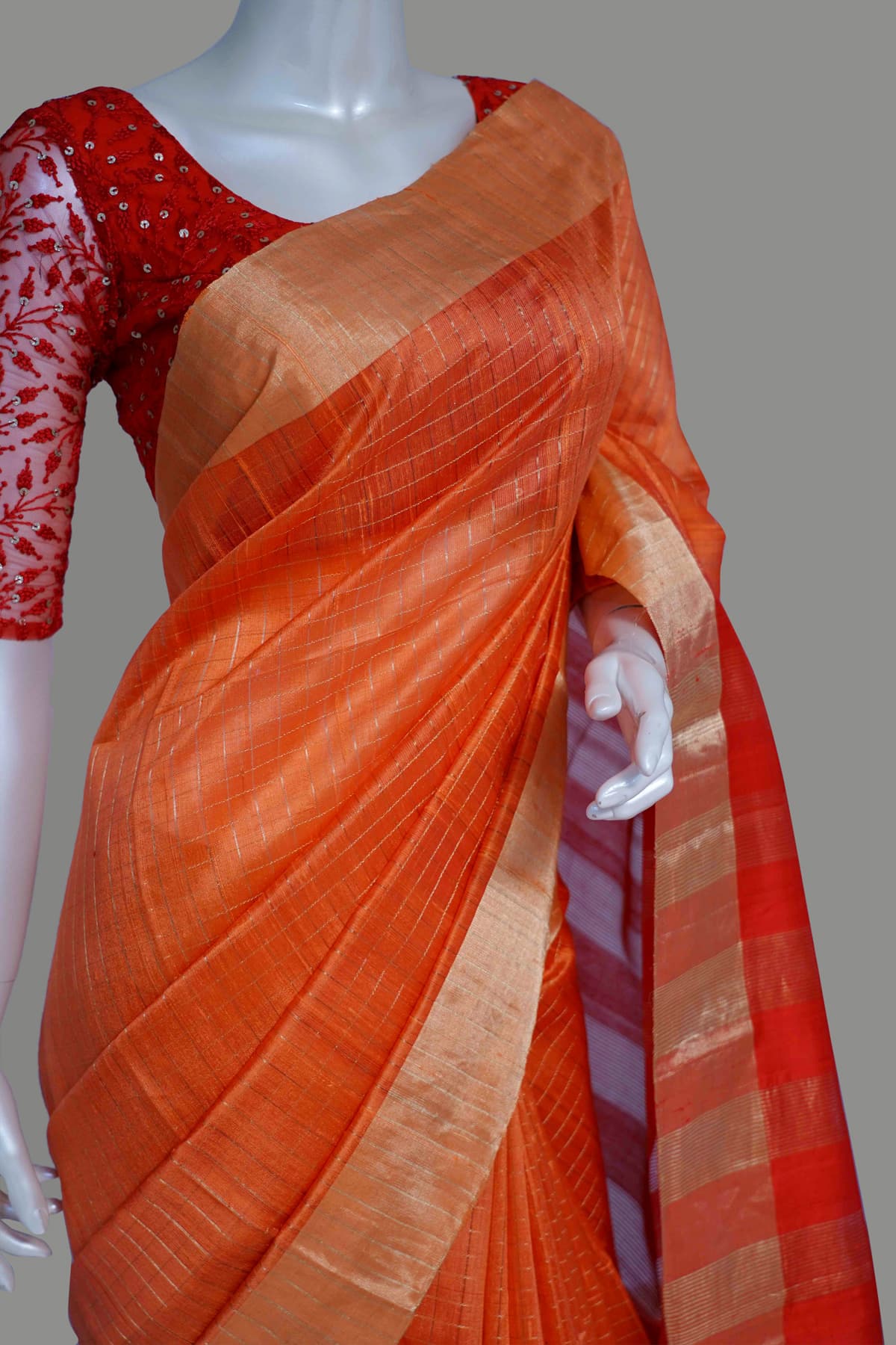 Orange Color Kanchipuram Jute Silk Saree